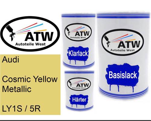 Audi, Cosmic Yellow Metallic, LY1S / 5R: 500ml Lackdose + 500ml Klarlack + 250ml Härter - Set, von ATW Autoteile West.